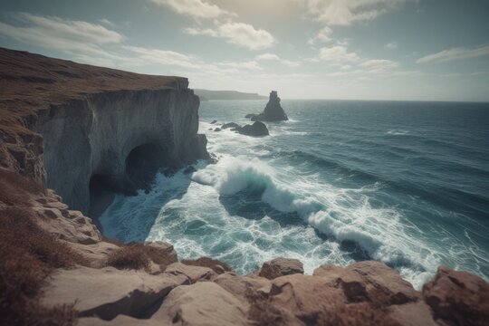 Schroffe K&uuml;stenlandschaft mit wilden Wellen und Felsen am Meer