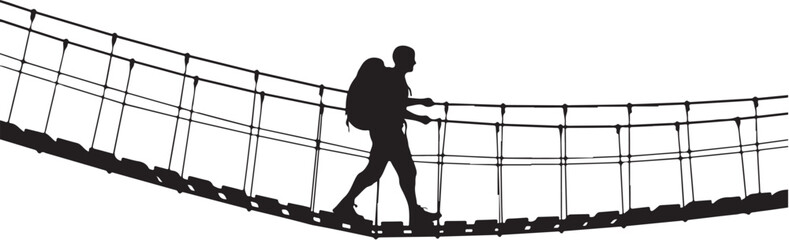 Silhouette of Hiker Crossing Suspension Bridge