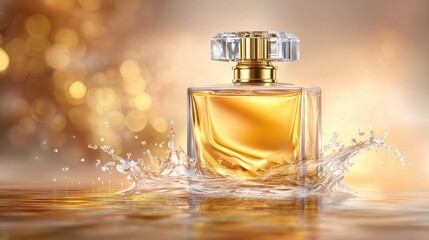 Elegant Perfume Bottle with Golden Liquid and Dynamic Water Splashes