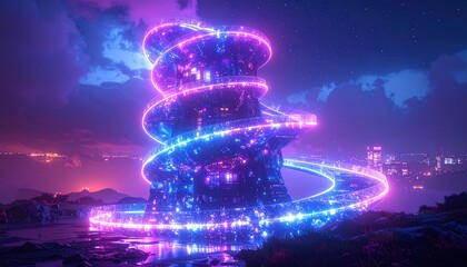 Cyberpunk city lights reflecting on water under a night sky featuring a spiral structure
