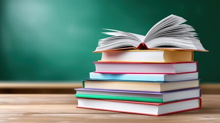 Fototapeta premium Open book on top of a stack of colorful textbooks, symbolizing education and knowledge.