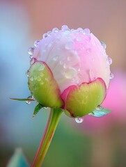 Pink Peony Bud Glistens With Fresh Raindrops