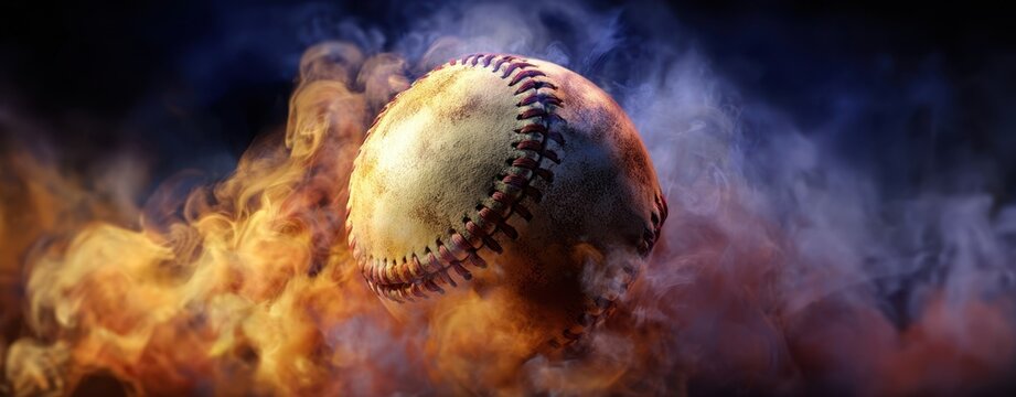 The baseball soaring through vibrant smoke and flame effects in dynamic action - Powered by Adobe
