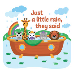 Obraz premium Cute cartoon animals in a wooden bathtub during a rainbow rain shower vector