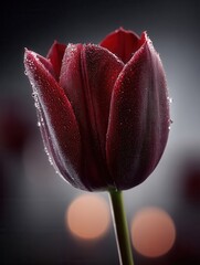 Dark Red Tulip Bloom Covered in Water Droplets