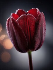 Dark Red Tulip Covered With Morning Dew Drops