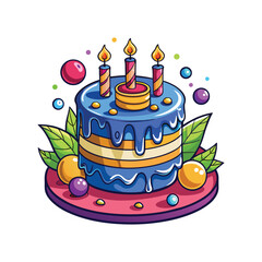 Festive birthday cake with candles and colorful decorations for celebration