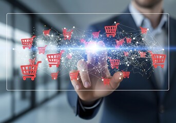 Businessman interacting with a digital network of shopping carts representing global e commerce growth