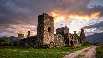 Spectacular landscape of an ancient stone castle ruins against a dramatic sky at sunset