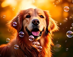 A golden retriever dog with a joyful grin, encircled by bubbles, warm lighting, and adorable