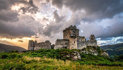 Dramatic view of Castle ruins against a cloudy sky and sunset light with scottish landscape