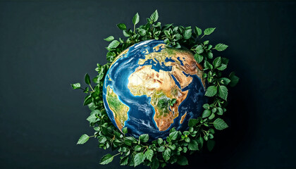 A green globe surrounded by lush leaves, symbolizing environmental awareness, sustainability, Earth Day celebration
