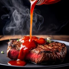 A black dish with a grilled beef steak with rising steam.  Over the steak, ketchup is being poured.