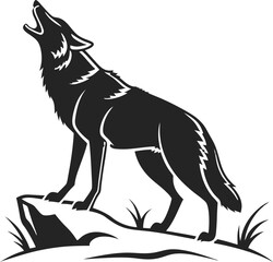 coyote silhouette, black and white, high contrast, lineart, howling, desert landscape, minimal background, digital art