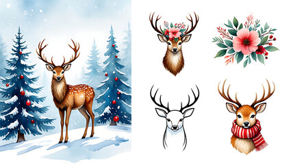 Fototapeta premium Watercolor Deer Christmas Illustration Set with Forest Scene and Floral Decorations Festive Holiday Art for Seasonal Projects