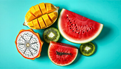 Colorful Top View of Sliced Tropical Fruits including Watermelon, Mango, and Kiwi
