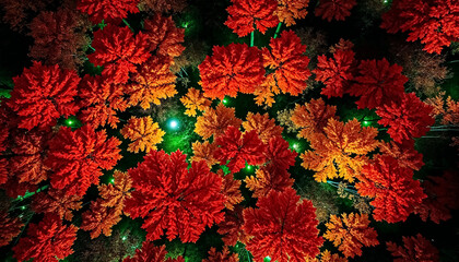  Dense Cluster of Vivid Red and Orange Abstract Flowers with Dark Foliage, Macro Shot