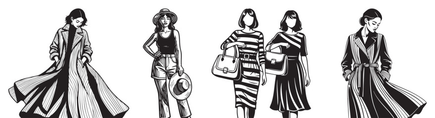 Chic fashionistas showcase elegant trench coats and stylish summer attire with handbags