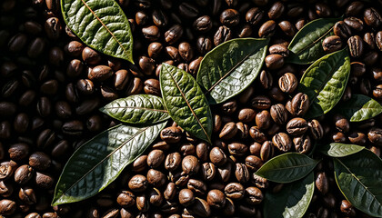 Close-up of Roasted Coffee Beans and Fresh Green Coffee Plant Leaves with Steam