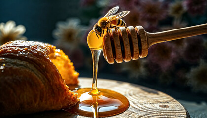 Golden Honey Dripping from Honeycomb Dipper onto a Wooden Surface, Close-up
