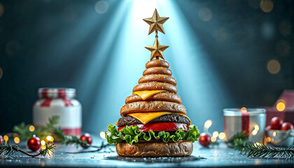  Creative Christmas Tree Shaped from Burgers, Cheese, and Salad with Star Topper