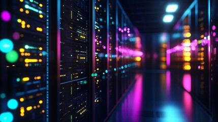 The server room is illuminated with colorful lights, where server racks display vibrant patterns. In this server room, technology and lights create a dynamic atmosphere.