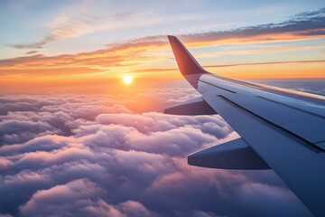 Obraz premium Sunrise view from airplane window above clouds 