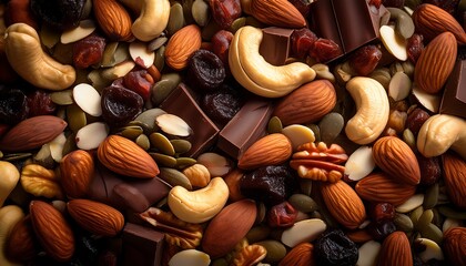 A substantial trail mix consisting of dried fruits, nuts, seeds, and a hint of dark chocolate