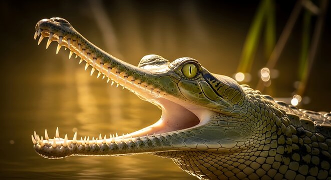 Close-up of a gharial with its mouth open a crocodilian with a long thin snout basking in the sun transparent background