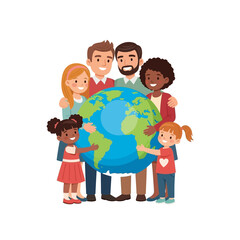 Obraz premium A diverse group of people embracing the Earth, symbolizing unity and global connection.