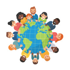 Diverse people holding hands around a globe, symbolizing global unity and interconnectedness.