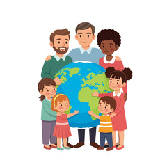 A diverse multicultural group of adults and children standing together, lovingly embracing planet Earth.