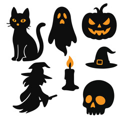 Black Cats Pumpkins Candle Halloween Silhouette Icon Set