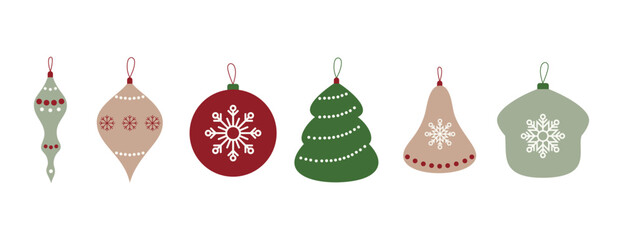 A set of colored Christmas tree toys, isolated on a white background, vector illustration, flat design. A collection of various decorative holiday items for decoration, design, postcards, labels