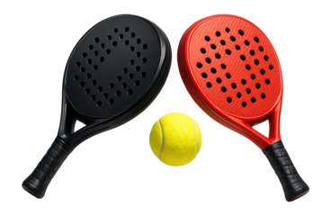 Two paddles and a yellow padel tennis ball on a white background.