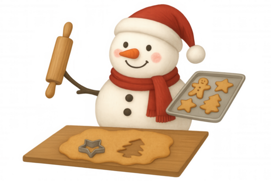 Snowman baking christmas cookies, holding rolling pin and fresh baked gingerbread on tray, holiday cooking concept