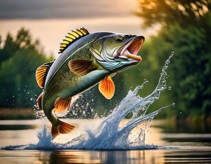 A largemouth bass makes a spectacular splashing sound when it leaps out of the water, blurring the background.