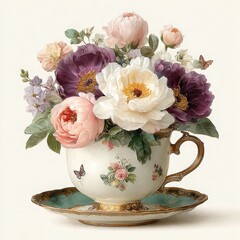 Stunning, elegant  illustration of an elegant teacup filled with delicate pastel flowers, including roses and peonies