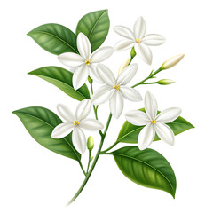 Delicate white star jasmine flowers with green leaves on a dark background isolated on a transparent background