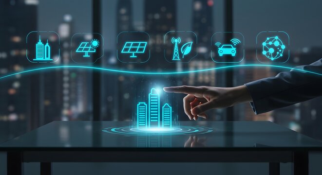 Smart city technology concept with hand interacting with holographic urban data display