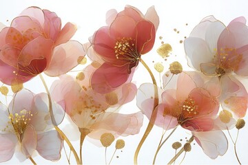 Elegant blossoms painted in a mesmerizing fusion of pastel hues and glistening gold, evoking a sense of ethereal beauty and sophisticated grace