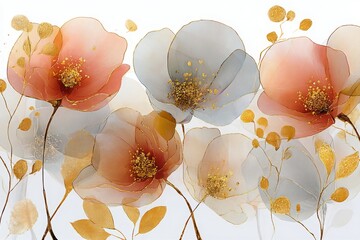 Elegant, airy flowers translucent rose petals in soft shades, elaborate golden contours with thin golden stalks