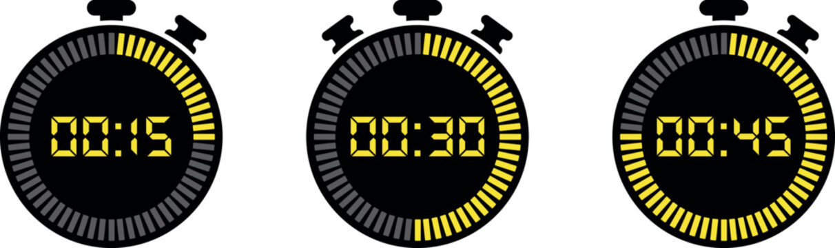 Three digital stopwatches showing fifteen thirty and forty five seconds elapsed time