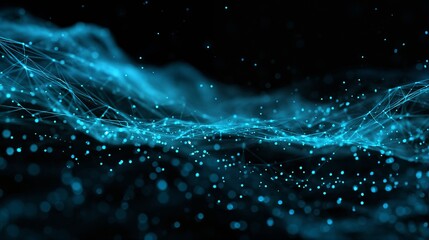 a vibrant abstract network of glowing blue lines and particles flows across a dark, expansive background.