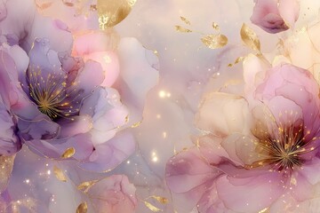 Elegant camellia background in pastel purple and pink tones with gold thread. Dreamy watercolor pattern. Immerse yourself in timeless beauty with the delicate Floral Toile De Jouy Seamless Pattern.
