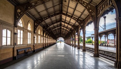 Obraz premium Vintage railway station with elegant architecture and perspective capturing travel nostalgia