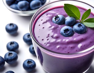 A beautiful glass filled with blueberries and a colorful and delicious blueberry smoothie
