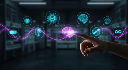 Artificial intelligence network connecting to human brain, futuristic technology concept with glowing interface.