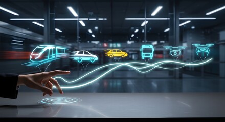 Futuristic transportation network concept with hand interacting with glowing vehicle icons on interface.