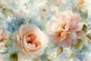 Elegant watercolor white roses background. Dreamy Floral Print. Indulge in timeless elegance with exquisite Floral Toile De Jouy Seamless Pattern. Pastel color, pastel tone